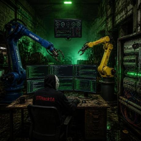 A hooded figure seen from behind, facing a wall of monitors between two industrial robots